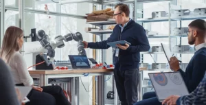 Profesor ingeniero dando clases de tecnología robótica e inteligencia artificial a trabajadores para automatizar los procesos de producción.