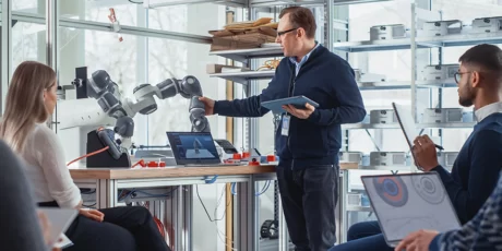Profesor ingeniero dando clases de tecnología robótica e inteligencia artificial a trabajadores para automatizar los procesos de producción.