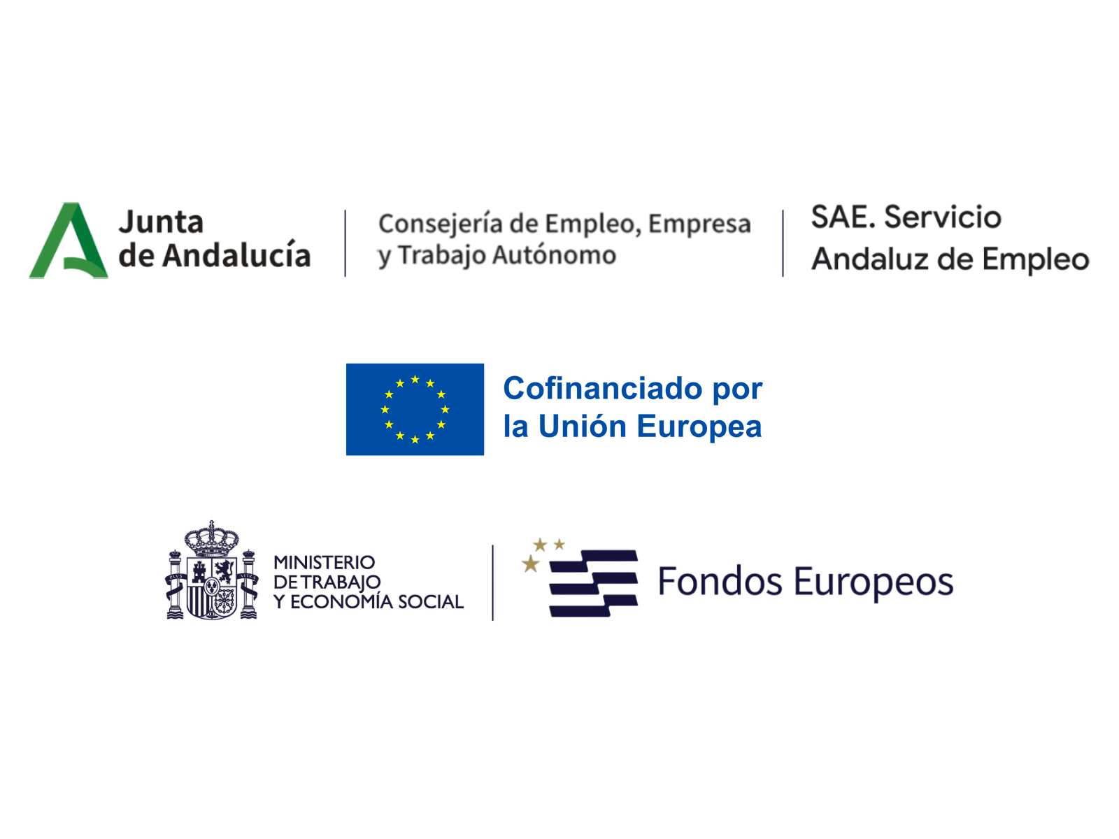 Logos de Junta de Andalucía, Consejería de Empleo, Empresa y Trabajo Autónomo, Servicio Andaluz de Empleo, Cofinanciado por la Unión Europea, Ministerio de trabajo y Economía Social y Fondos Europeos.