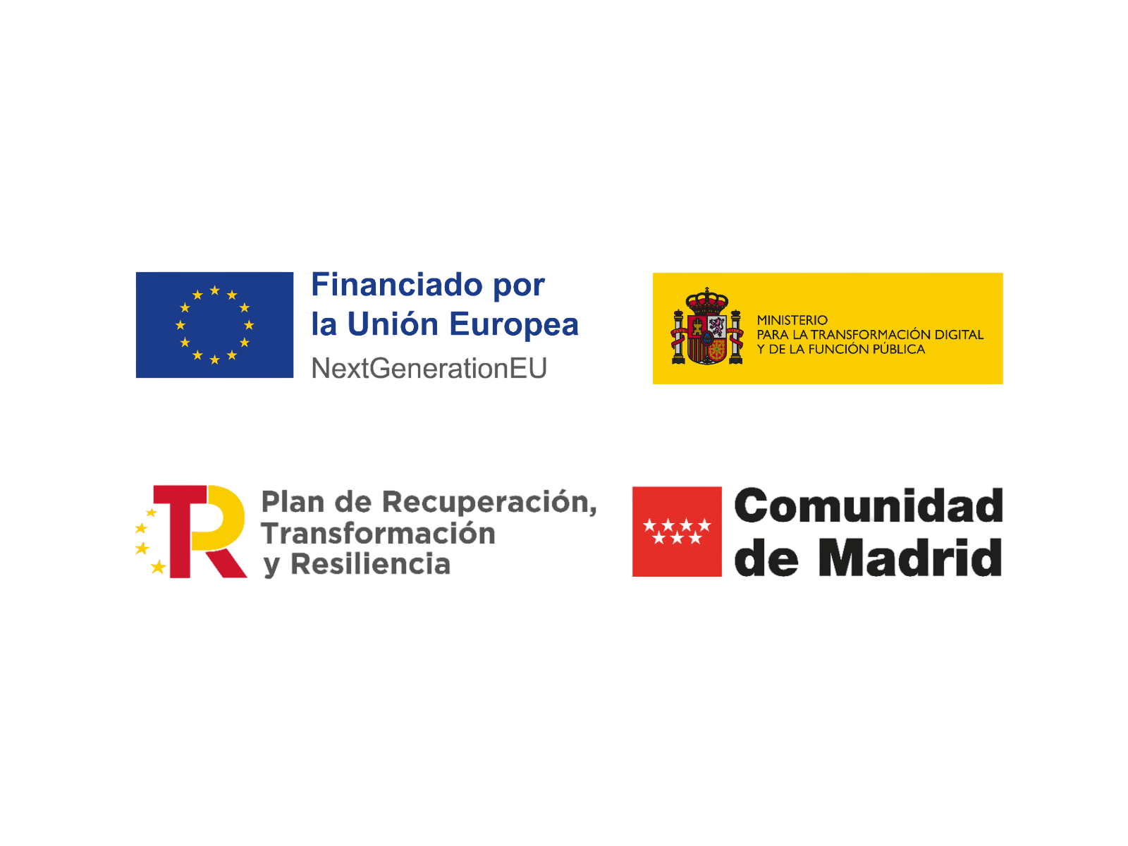 Logos de NextGenerationEU, Ministerio para la Transformación Digital y de la Función Pública, Plan de Recuperación, Transformación y Resiliencia y Comunidad de Madrid