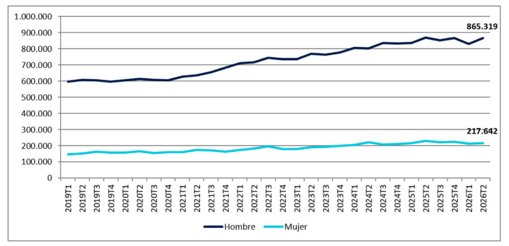 Gráfico de líneas que ilustra la brecha de género en el empleo tecnológico en España desde 2019 hasta mediados de 2026. Los datos revelan una clara disparidad: a pesar del crecimiento constante en el sector, la ocupación masculina (con 865.319 profesionales) sigue superando significativamente a la femenina (217.642), confirmando que las mujeres representan solo un 20% del total. Esta brecha persiste a lo largo de toda la serie histórica mostrada.