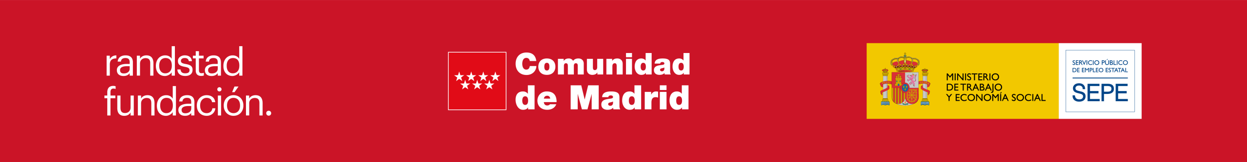Red banner featuring partner logos: Randstad Fundación, Comunidad de Madrid, and the Ministry of Labour and Social Economy with SEPE seals on the right.